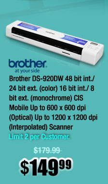 Brother DS-920DW 48 bit int./ 24 bit ext. (color) 16 bit int./ 8 bit ext. (monochrome) CIS Mobile Up to 600 x 600 dpi (Optical) Up to 1200 x 1200 dpi (Interpolated) Scanner