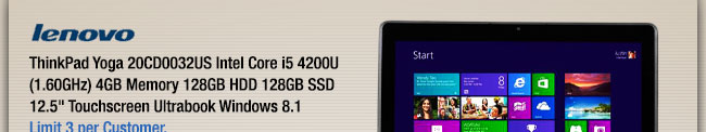 ThinkPad Yoga 20CD0032US Intel Core i5 4200U (1.60GHz) 4GB Memory 128GB HDD 128GB SSD 12.5" Touchscreen Ultrabook Windows 8.1