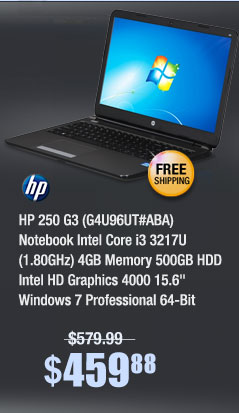 HP 250 G3 (G4U96UT#ABA) Notebook Intel Core i3 3217U (1.80GHz) 4GB Memory 500GB HDD Intel HD Graphics 4000 15.6" Windows 7 Professional 64-Bit