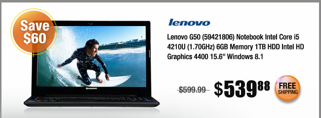 Lenovo G50 (59421806) Notebook Intel Core i5 4210U (1.70GHz) 6GB Memory 1TB HDD Intel HD Graphics 4400 15.6" Windows 8.1 