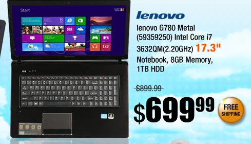 lenovo G780 Metal (59359250) Intel Core i7 3632QM(2.20GHz) 17.3 inch Notebook, 8GB Memory, 1TB HDD
