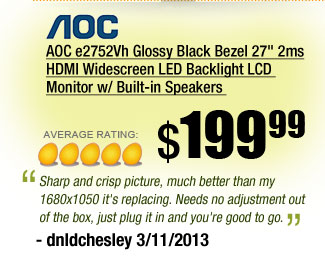 AOC e2752Vh Glossy Black Bezel 27 inch 2ms HDMI Widescreen LED Backlight LCD Monitor w/ Built-in Speakers 