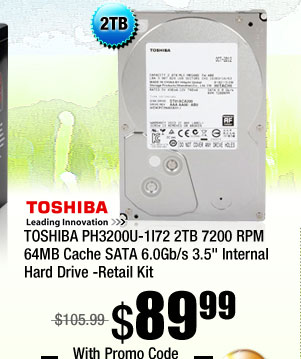 TOSHIBA PH3200U-1I72 2TB 7200 RPM 64MB Cache SATA 6.0Gb/s 3.5 inch Internal Hard Drive -Retail Kit 