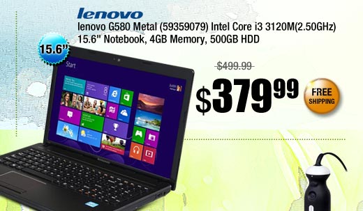 lenovo G580 Metal (59359079) Intel Core i3 3120M(2.50GHz) 15.6 inch Notebook, 4GB Memory, 500GB HDD