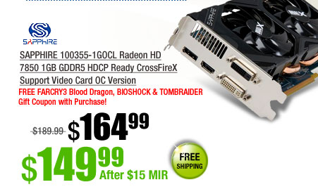 SAPPHIRE 100355-1GOCL Radeon HD 7850 1GB GDDR5 HDCP Ready CrossFireX Support Video Card OC Version
