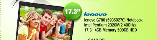 lenovo G780 (59359270) Notebook Intel Pentium 2020M(2.40GHz) 17.3" 4GB Memory 500GB HDD