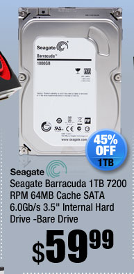 Seagate Barracuda 1TB 7200 RPM 64MB Cache SATA 6.0Gb/s 3.5" Internal Hard Drive -Bare Drive 