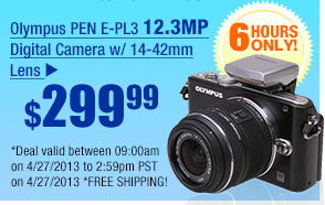 $299.99 -- Olympus PEN E-PL3 12.3MP Digital Camera w/ 14-42mm Lens.