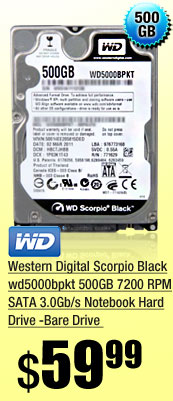 Western Digital Scorpio Black wd5000bpkt 500GB 7200 RPM SATA 3.0Gb/s Notebook Hard Drive -Bare Drive 