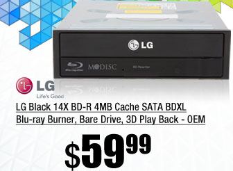 LG Black 14X BD-R 4MB Cache SATA BDXL Blu-ray Burner, Bare Drive, 3D Play Back - OEM