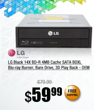 LG Black 14X BD-R 4MB Cache SATA BDXL Blu-ray Burner, Bare Drive, 3D Play Back - OEM