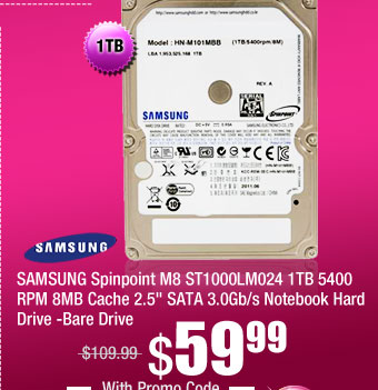 SAMSUNG Spinpoint M8 ST1000LM024 1TB 5400 RPM 8MB Cache 2.5 inch SATA 3.0Gb/s Notebook Hard Drive -Bare Drive 