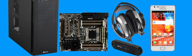 Computer Case, Motherboard, Headset, Flash Drive, Cellphone