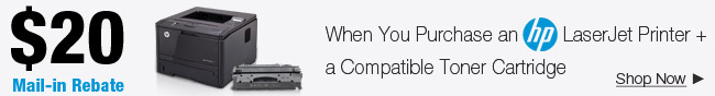 When You Purchase an HP LaserJet Printer + a Compatible Toner Cartridge. $20 Mail-in Rebate. Shop Now.