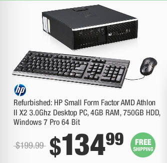 Refurbished: HP Small Form Factor AMD Athlon II X2 3.0Ghz Desktop PC, 4GB RAM, 750GB HDD, Windows 7 Pro 64 Bit