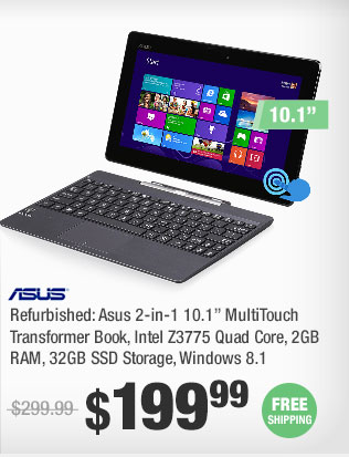 Refurbished: Asus 2-in-1 10.1” MultiTouch Transformer Book, Intel Z3775 Quad Core, 2GB RAM, 32GB SSD Storage, Windows 8.1