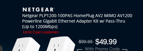 Netgear PLP1200-100PAS HomePlug AV2 MIMO AV1200 Powerline Gigabit Ethernet Adapter Kit w/ Pass-Thru (Up to 1200Mbps)