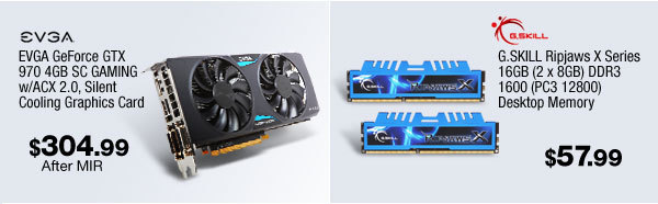 EVGA GeForce GTX 970 4GB SC GAMING w/ACX 2.0, Silent Cooling Graphics Card. G.SKILL Ripjaws X Series 16GB (2 x 8GB) DDR3 1600 (PC3 12800) Desktop Memory.