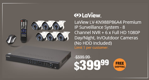 LaView LV-KN988P86A4 Premium IP Surveillance System - 8 Channel NVR + 6 x Full HD 1080P Day/Night, In/Outdoor Cameras (No HDD Included)