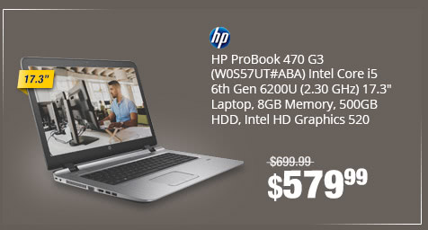 HP ProBook 470 G3 Intel Core i5-6200U (2.30 GHz) 17.3" Laptop, 8GB Memory, 500GB HDD, Intel HD Graphics 520
