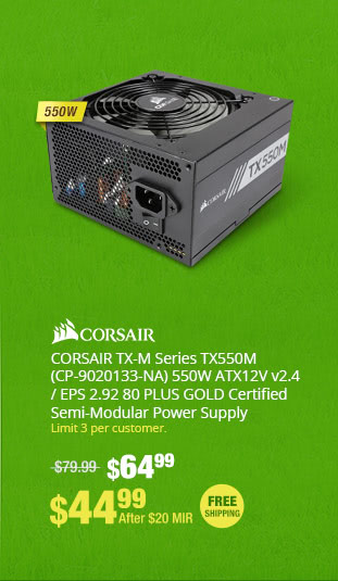 CORSAIR TX-M Series TX550M (CP-9020133-NA) 550W ATX12V v2.4 / EPS 2.92 80 PLUS GOLD Certified Semi-Modular Power Supply