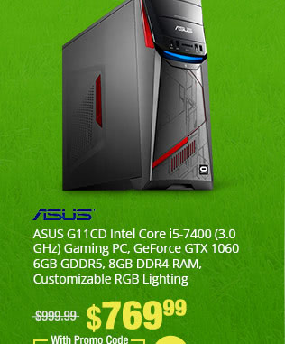 ASUS G11CD Intel Core i5-7400 (3.0 GHz) Gaming PC, GeForce GTX 1060 6GB GDDR5, 8GB DDR4 RAM, Customizable RGB Lighting