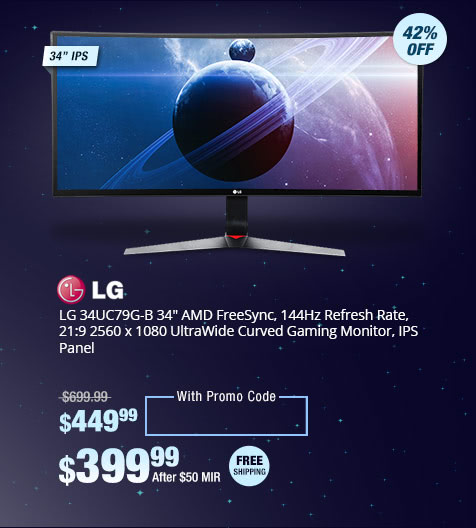 LG 34UC79G-B 34" AMD FreeSync, 144Hz Refresh Rate, 21:9 2560 x 1080 UltraWide Curved Gaming Monitor, IPS Panel