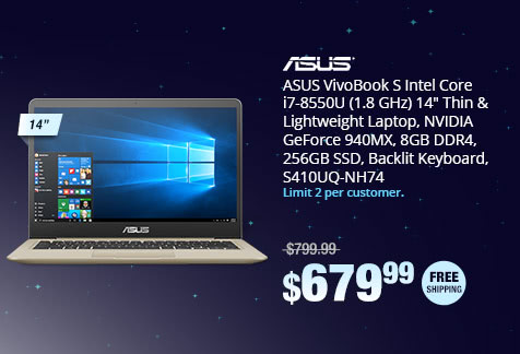 ASUS VivoBook S Intel Core i7-8550U (1.8 GHz) 14" Thin & Lightweight Laptop, NVIDIA GeForce 940MX, 8GB DDR4, 256GB SSD, Backlit Keyboard, S410UQ-NH74