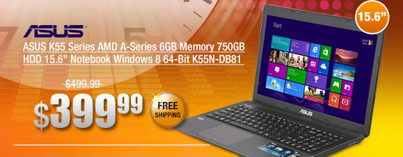 ASUS K55 Series AMD A-Series 6GB Memory 750GB HDD 15.6 inch Notebook Windows 8 64-Bit K55N-DB81 