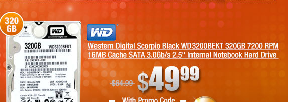 Western Digital Scorpio Black WD3200BEKT 320GB 7200 RPM 16MB Cache SATA 3.0Gb/s 2.5 inch Internal Notebook Hard Drive 