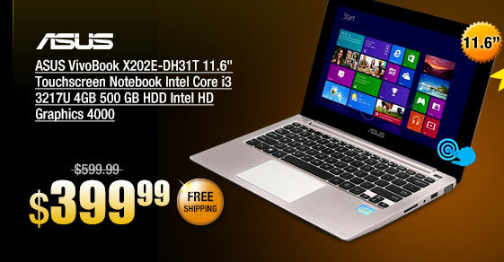 ASUS VivoBook X202E-DH31T 11.6 inch Touchscreen Notebook Intel Core i3 3217U 4GB 500 GB HDD Intel HD Graphics 4000 