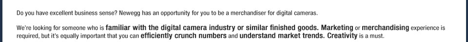Do you have excellent business sense? Newegg has an opportunity for you to be a merchandiser for digital cameras.We’re looking for someone who is familiar with the digital camera industry or similar finished goods. Marketing or merchandising experience is required, but it’s equally important that you can efficiently crunch numbers and understand market trends. Creativity is a must. 