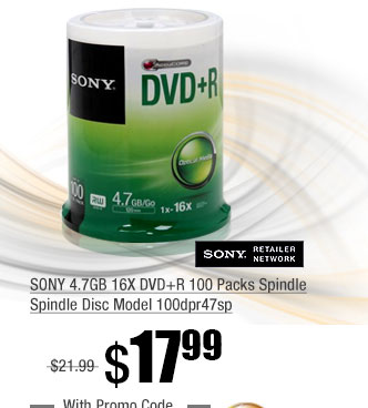 SONY 4.7GB 16X DVD+R 100 Packs Spindle Spindle Disc Model 100dpr47sp 