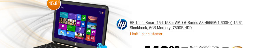 HP TouchSmart 15-b153nr AMD A-Series A8-4555M(1.60GHz) 15.6 inch Sleekbook, 6GB Memory, 750GB HDD