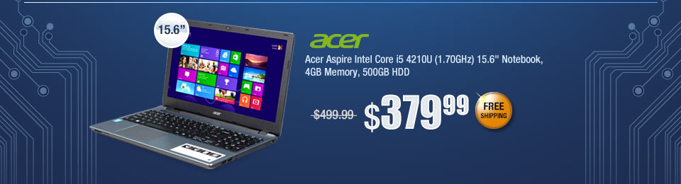 Acer Aspire Intel Core i5 4210U (1.70GHz) 15.6" Notebook, 4GB Memory, 500GB HDD