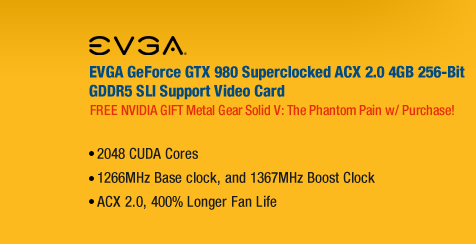 EVGA GeForce GTX 980 Superclocked ACX 2.0 4GB 256-Bit GDDR5 SLI Support Video Card