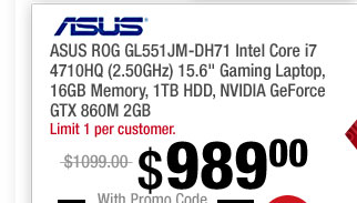 ASUS ROG GL551JM-DH71 Intel Core i7 4710HQ (2.50GHz) 15.6" Gaming Laptop, 16GB Memory, 1TB HDD, NVIDIA GeForce GTX 860M 2GB 