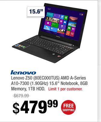 Lenovo Z50 (80EC000TUS) AMD A-Series A10-7300 (1.90GHz) 15.6" Notebook, 8GB Memory, 1TB HDD