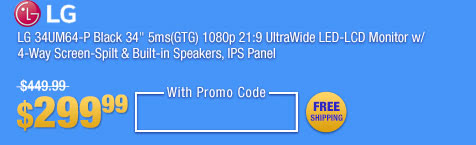 LG 34UM64-P Black 34" 5ms(GTG) 1080p 21:9 UltraWide LED-LCD Monitor w/ 4-Way Screen-Spilt & Built-in Speakers, IPS Panel