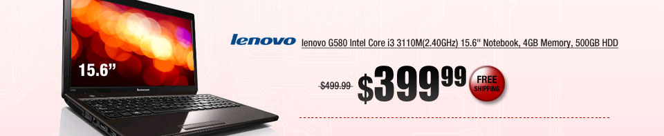 lenovo G580 Intel Core i3 3110M(2.40GHz) 15.6 inch Notebook, 4GB Memory, 500GB HDD