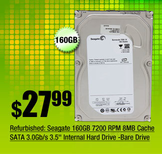 Refurbished: Seagate 160GB 7200 RPM 8MB Cache SATA 3.0Gb/s 3.5" Internal Hard Drive -Bare Drive