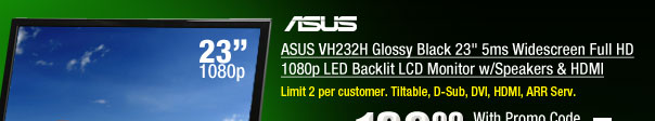 ASUS VH232H Glossy Black 23 inch 5ms Widescreen Full HD 1080p LED Backlit LCD Monitor w/Speakers & HDMI