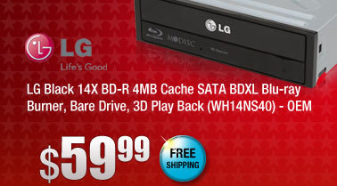 LG Black 14X BD-R 4MB Cache SATA BDXL Blu-ray Burner, Bare Drive, 3D Play Back (WH14NS40) - OEM 