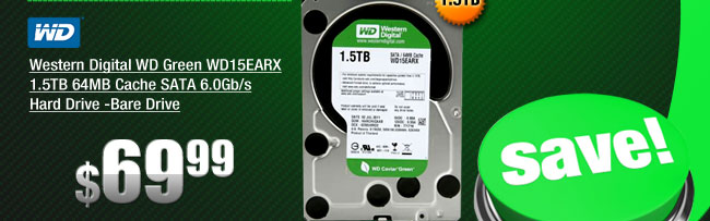 Western Digital WD Green WD15EARX 1.5TB 64MB Cache SATA 6.0Gb/s Hard Drive -Bare Drive 