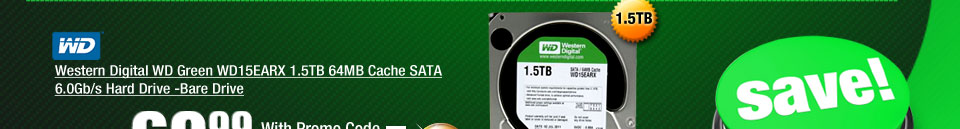 Western Digital WD Green WD15EARX 1.5TB 64MB Cache SATA 6.0Gb/s Hard Drive -Bare Drive 