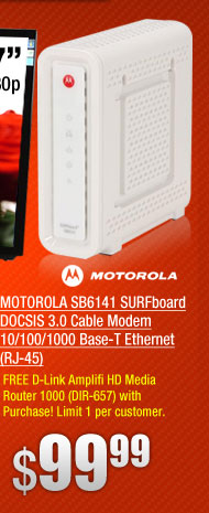 MOTOROLA SB6141 SURFboard DOCSIS 3.0 Cable Modem 10/100/1000 Base-T Ethernet (RJ-45)