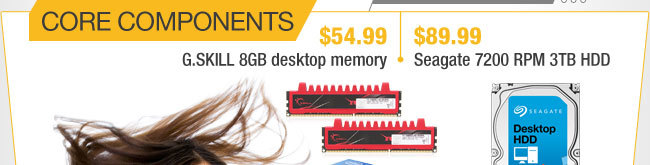 CORE COMPONENTS.$54.99 G.SKILL 8GB desktop memory. $89.99 Seagate 7200 RPM 3TB HDD. 