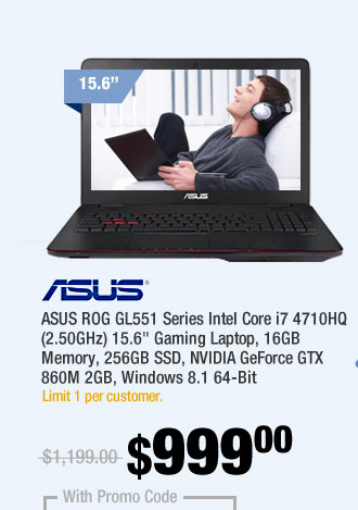 ASUS ROG GL551 Series Intel Core i7 4710HQ (2.50GHz) 15.6" Gaming Laptop, 16GB Memory, 256GB SSD, NVIDIA GeForce GTX 860M 2GB, Windows 8.1 64-Bit