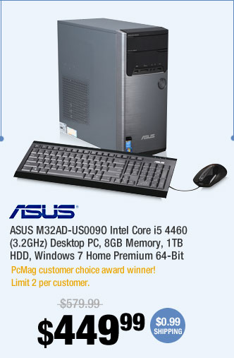 ASUS M32AD-US009O Intel Core i5 4460 (3.2GHz) Desktop PC, 8GB Memory, 1TB HDD, Windows 7 Home Premium 64-Bit