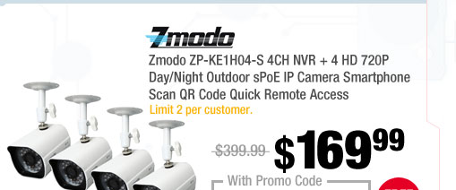 Zmodo ZP-KE1H04-S 4CH NVR + 4 HD 720P Day/Night Outdoor sPoE IP Camera Smartphone Scan QR Code Quick Remote Access